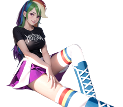 Size: 1024x896 | Tagged: safe, imported from derpibooru, rainbow dash, human, equestria girls, ai content, ai generated, breasts, busty rainbow dash, humanized, looking at you, m8l8th, metalhead, prompter:hqdmusthave, rock merch, simple background, sitting