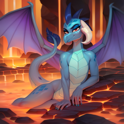 Size: 2048x2048 | Tagged: safe, imported from derpibooru, princess ember, dragon, ai content, ai generated, bedroom eyes, cave, dragoness, draw me like one of your french girls, female, fingernails, generator:pony diffusion v6 xl, generator:stable diffusion, high res, lava, lava pool, leaning, looking at you, prompter:tyto4tme4l, rock, seductive pose, smiling, smiling at you, solo, spread wings, tail, wings