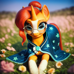 Size: 1024x1024 | Tagged: safe, imported from derpibooru, sunburst, pony, unicorn, ai content, ai generated, blaze (coat marking), cloak, clothes, coat markings, facial markings, female, generator:purplesmart.ai, generator:stable diffusion, glasses, hair bun, looking at you, mare, prompter:maresforever, rule 63, smiling, solo, sunburst's cloak, sunstone (g4 r63 sunburst)