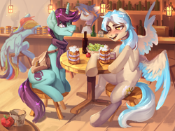 Size: 6667x5000 | Tagged: safe, artist:charlot, imported from derpibooru, rainbow dash, oc, oc:cogwheel, oc:haven sympony, oc:lumin light, pegasus, pony, unicorn, alcohol, bag, beer, blushing, clothes, colored wings, commission, complex background, drink, drinking, horn, multicolored hair, multicolored wings, pegasus oc, scarf, sitting, smiling, table, talking, tavern, unicorn oc, wings