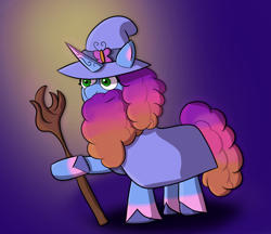 Size: 1390x1200 | Tagged: safe, artist:toonyloo, imported from derpibooru, butterfly, unicorn, beard, facial hair, g5, gandalf, hat, misty brightdawn, solo, staff, wizard hat