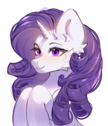 Size: 1200x1400 | Tagged: safe, artist:grach449, imported from derpibooru, rarity, pony, unicorn, big ears, blushing, cheek fluff, ear fluff, eyeshadow, female, grin, hooves to the chest, horn, looking at you, makeup, mare, simple background, small horn, smiling, smiling at you, solo, white background, wrong eye color