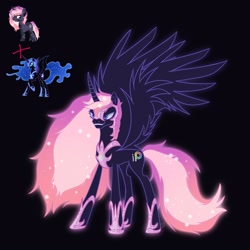 Size: 1600x1600 | Tagged: safe, artist:artsypaws, imported from derpibooru, nightmare moon, oc, oc:artsypaws, alicorn, pony, unicorn, armor, curved horn, evil grin, female, glasses, grin, horn, jewelry, mane, mare, photo, regalia, smashup, smiling, spread wings, teeth, wings