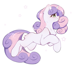 Size: 1100x1000 | Tagged: safe, artist:grach449, imported from derpibooru, sweetie belle, unicorn, blank flank, female, filly, foal, side view, simple background, smiling, solo, stars, white background