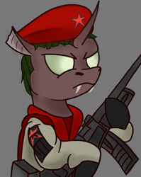 Size: 561x704 | Tagged: safe, artist:kirieshka, imported from derpibooru, oc, changeling, changeling oc, clothes, green eyes, gun, hat, red star, stars, uniform, uniform hat, war paint, weapon