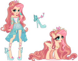 Size: 4119x3245 | Tagged: safe, artist:gihhbloonde, imported from derpibooru, bird, human, pegasus, pony, braid, clothes, crossover fusion, crown, cyan eyes, dress, ear piercing, earring, ever after high, female, folded wings, fusion, fusion:ashlynn ella, fusion:fluttershy, hair bun, high heels, jewelry, lightly watermarked, long hair, long mane, long tail, mare, necklace, open mouth, open smile, piercing, regalia, shoes, simple background, smiling, standing, tail, transparent background, watermark, wings