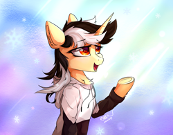 Size: 1250x973 | Tagged: safe, artist:行豹cheetahspeed, imported from derpibooru, oc, oc only, oc:autumn trace, pony, unicorn, black and white mane, clothes, eye clipping through hair, eyebrows, eyebrows visible through hair, female, hoodie, lidded eyes, light, mare, open mouth, orange eyes, raised hoof, simple background, smiling, snow, wind, yellow skin