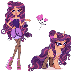 Size: 3216x3201 | Tagged: safe, artist:gihhbloonde, imported from derpibooru, human, pony, unicorn, closed mouth, clothes, crossover fusion, dress, ever after high, eyeshadow, female, fusion, fusion:briar beauty, fusion:rarity, hair bun, hand on hip, high heels, jewelry, lidded eyes, lipstick, looking at you, makeup, mare, necklace, pose, purple eyes, purse, ringlets, shoes, simple background, smiling, socks, standing, stockings, thigh highs, transparent background