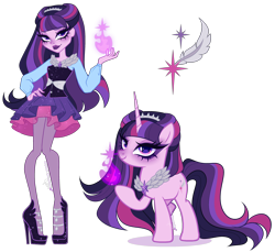 Size: 3378x3093 | Tagged: safe, artist:gihhbloonde, imported from derpibooru, human, pony, unicorn, closed mouth, clothes, crossover fusion, dress, ever after high, eyeshadow, female, fusion, fusion:raven queen, fusion:twilight sparkle, hand on hip, high heels, horn, lipstick, long hair, long horn, long mane, long tail, looking at you, magic, makeup, mare, purple eyes, purple lipstick, raised hoof, shoes, simple background, smiling, standing, tail, transparent background