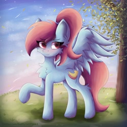 Size: 1773x1773 | Tagged: safe, artist:gaffy, imported from derpibooru, oc, oc only, oc:rainven wep, pegasus, pony, art trade, cheek fluff, chest fluff, ear fluff, eye clipping through hair, eyebrows, eyebrows visible through hair, female, pegasus oc, solo, spread wings, tree, wings