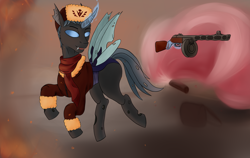 Size: 4284x2705 | Tagged: safe, artist:kirieshka, imported from derpibooru, oc, oc:last vist, changeling, changeling oc, clothes, gas, gun, hat, machine gun, magic, military, military changeling, military pony, military uniform, scarf, signal grenade, telekinesis, uniform, uniform hat, weapon