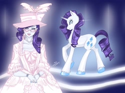 Size: 2732x2048 | Tagged: artist needed, source needed, safe, imported from derpibooru, rarity, human, pony, unicorn, equestria girls, belt, blue background, boots, clothes, glasses, hat, high heel boots, humanized, shirt, shoes, signature, simple background, skirt