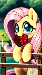 Size: 808x1440 | Tagged: safe, imported from derpibooru, fluttershy, pegasus, pony, ai content, ai generated, blushing, box of chocolates, cute, fence, generator:pony diffusion v6 xl, generator:stable diffusion, green eyes, heart, holiday, looking at you, mouth hold, outdoors, pink hair, prompt in description, prompter:marusame, shyabetes, solo, standing on two hooves, tree, valentine's day, yellow fur