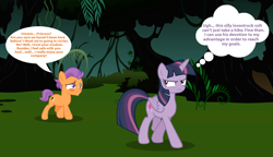 Size: 1492x860 | Tagged: safe, artist:lunaticdawn, imported from derpibooru, mean twilight sparkle, tender taps, alicorn, earth pony, pony, annoyed, blushing, colt, crushing, everfree forest, female, foal, frown, male, mare, smiling, speech bubble, text, thought bubble, trotting, walking