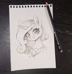 Size: 1464x1500 | Tagged: safe, artist:maytee, imported from derpibooru, princess cadance, alicorn, pony, bust, fluffy, monochrome, portrait, smiling, solo, traditional art