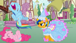 Size: 1147x645 | Tagged: safe, artist:mlpfan3991, imported from derpibooru, pinkie pie, rainbow dash, oc, oc:flare spark, earth pony, pegasus, pony, flare spark is not amused, laughing, ponyville, princess costume