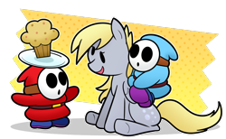 Size: 934x575 | Tagged: safe, artist:cookieboy011, imported from derpibooru, derpy hooves, pegasus, pony, shy guy, crossover, food, muffin, paper mario, simple background, super mario bros., transparent background