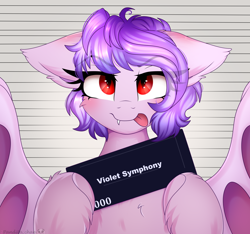 Size: 1600x1500 | Tagged: safe, artist:2pandita, imported from derpibooru, oc, oc:violet symphony, bat pony, pony, female, mare, mugshot, solo, tongue out