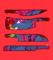 Size: 2700x3068 | Tagged: safe, artist:rice, imported from derpibooru, oc, oc only, oc:cupcake splatter, pegasus, pony, fanfic:cupcakes, fanfic:rainbow factory, butcher knife, cleaver, commission, ear piercing, earring, evil grin, eyeshadow, fanfic art, female, freckles, grin, jewelry, knife, lip piercing, magical lesbian spawn, makeup, mare, multicolored hair, nose piercing, nose ring, offspring, parent:pinkie pie, parent:rainbow dash, parents:pinkiedash, piercing, rainbow hair, red background, simple background, smiling, solo, tattoo, ych result