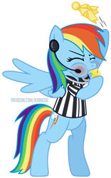 Size: 3906x6244 | Tagged: safe, alternate version, artist:jennieoo, imported from derpibooru, part of a set, rainbow dash, pegasus, pony, advertisement, bipedal, blowing whistle, blushing, female, headset mic, patreon, patreon preview, puffy cheeks, rainbow dashs coaching whistle, referee, referee rainbow dash, show accurate, simple background, solo, solo female, transparent background, whistle, whistle necklace, yellow flag