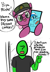 Size: 749x1072 | Tagged: safe, artist:zan logemlor, imported from derpibooru, cheerilee, minuette, oc, oc:anon, earth pony, human, pony, unicorn, 2 panel comic, comic, cookie, dan vs, dialogue, female, filly, filly cheerilee, filly guides, foal, food, hat, holding, horn, male, mare, open mouth, pixiv, speech bubble, talking, toothbrush, younger