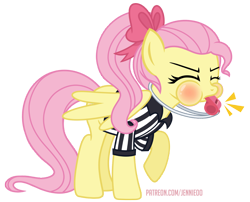 Size: 1100x889 | Tagged: safe, artist:jennieoo, imported from derpibooru, fluttershy, pegasus, pony, advertisement, blowing whistle, blushing, bow, commission, emanata, eyes closed, patreon, patreon preview, ponytail, puffy cheeks, referee, ribbon, show accurate, simple background, solo, transparent background, vector, whistle