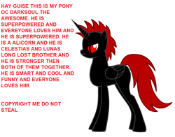 Size: 830x650 | Tagged: safe, imported from derpibooru, oc, oc:darksoul, alicorn, alicorn oc, angry, bio, do not steal, english, horn, joke oc, mary sue, red and black oc, simple background, text, white background, wings