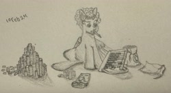 Size: 3423x1867 | Tagged: safe, artist:ohshitanelite, derpibooru exclusive, imported from derpibooru, pegasus, pony, abacus, bag, confused, determined, female, mare, money, money bag, mouth hold, notepad, pencil, pencil drawing, solo, thinking, traditional art