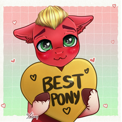 Size: 1247x1247 | Tagged: safe, artist:lailyren, imported from derpibooru, sprout cloverleaf, earth pony, pony, blushing, commission, g5, heart, male, signature, solo, stallion, text, ych result