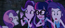 Size: 2038x883 | Tagged: safe, edit, edited screencap, imported from derpibooru, screencap, rarity, sci-twi, starlight glimmer, sweetie belle, twilight sparkle, human, unicorn, equestria girls, equestria girls series, fomo, for whom the sweetie belle toils, mirror magic, road trippin, spoiler:eqg series (season 2), spoiler:eqg specials, brick wall, clothes, dress, female, filly, rarity peplum dress, shocked, sleeveless, sleeveless dress