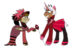 Size: 1800x1100 | Tagged: safe, artist:fuckomcfuck, imported from derpibooru, oc, oc only, oc:donut daydream, oc:doodles, pegasus, pony, unicorn, alastor, antlers, clothes, cosplay, costume, donut, dress, duo, duo male and female, fangs, female, food, hat, hazbin hotel, looking at each other, looking at someone, male, mare, pants, raised hoof, rosie, shoes, simple background, smiling, smiling at each other, stallion, transparent background