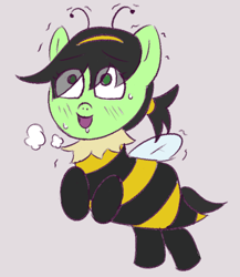 Size: 772x888 | Tagged: safe, artist:wanda, imported from derpibooru, oc, oc only, oc:filly anon, earth pony, pony, animal costume, bee costume, clothes, costume, female, filly, foal, shaking, solo, sweat