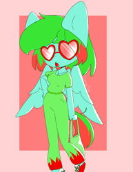 Size: 996x1290 | Tagged: safe, anonymous artist, imported from derpibooru, oc, oc:precised note, anthro, pegasus, pony, anthro oc, bag, breasts, candy, clothes, food, glasses, hand on hip, heart shaped glasses, jewelry, lollipop, necklace, pants, pose, shirt, shoes, tail, two toned mane, two toned tail, watermark, wings