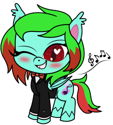Size: 2000x2222 | Tagged: safe, artist:magnusmagnum, imported from derpibooru, oc, oc:precised note, pony, undead, vampire, vampony, my little pony: pony life, alternate cutie mark, blushing, bottomless, bowtie, clothes, cutie mark, ear fluff, eyelashes, fangs, grin, heart, heart eyes, music notes, one eye closed, partial nudity, pony life accurate, show accurate, simple background, slit pupils, smiling, species swap, tail, transparent background, tuxedo, two toned mane, two toned tail, unshorn fetlocks, wingding eyes, wings