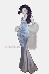 Size: 3800x5776 | Tagged: safe, artist:agrirga, imported from derpibooru, rarity, human, absurd resolution, clothes, dress, feather boa, humanized, lidded eyes, looking at you, pony coloring, signature, simple background, smiling, smiling at you, solo, white background