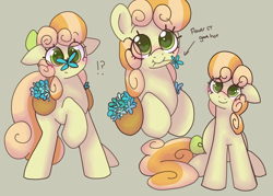 Size: 2800x2000 | Tagged: safe, artist:puppie, imported from derpibooru, junebug, butterfly, earth pony, pony, bag, beige background, blushing, bow, butterfly on nose, cute, female, hair bow, insect on nose, mare, saddle bag, simple background, sitting, solo, tail, tail bow, wholesome, wingding eyes