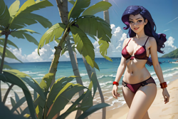 Size: 3840x2560 | Tagged: prompter needed, source needed, safe, imported from derpibooru, rarity, human, ai content, ai generated, beach, bikini, clothes, female, humanized, solo, swimsuit, wallpaper