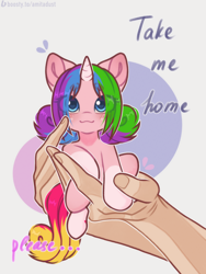 Size: 2480x3301 | Tagged: safe, artist:amitadust, imported from derpibooru, oc, oc only, oc:rainy shine, human, pony, unicorn, female, hand, holding a pony, mare, micro, offscreen character, solo