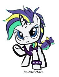 Size: 612x806 | Tagged: safe, artist:amynewblue, imported from derpibooru, rarity, pony, unicorn, alternate hairstyle, chibi, clothes, female, leather, leather vest, mare, punk, raised hoof, raripunk, simple background, solo, spiked wristband, vest, white background, wristband