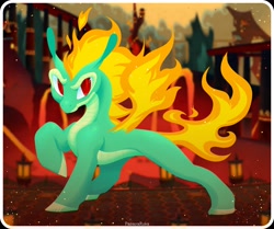 Size: 2048x1714 | Tagged: safe, artist:papayaruka, imported from derpibooru, dragon, hybrid, longma, them's fightin' herds, community related, concave belly, fiery wings, huoshan, mane of fire, solo, tail, tail of fire, tianhuo (tfh), wings