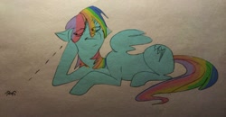 Size: 1240x645 | Tagged: safe, artist:opalacorn, imported from derpibooru, rainbow dash, pegasus, pony, spider, :t, eye clipping through hair, female, floppy ears, looking at something, lying down, mare, prone, traditional art