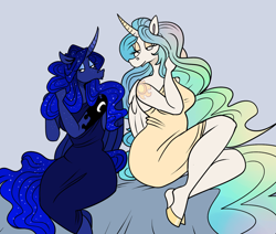 Size: 1280x1083 | Tagged: safe, artist:beastofeuthanasia, imported from derpibooru, princess celestia, princess luna, alicorn, anthro, unguligrade anthro, alternative cutie mark placement, clothes, dress, duo, duo female, female, lidded eyes, light blue background, long hair, looking at each other, looking at someone, royal sisters, shoulder cutie mark, siblings, simple background, sisters