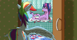 Size: 2048x1080 | Tagged: safe, artist:terminalhash, imported from derpibooru, rainbow dash, twilight sparkle, alicorn, pegasus, pony, :p, bath, bathroom, commission, flower, milk, poker face, puddle, rose, silly, silly pony, tongue out, twilight sparkle (alicorn)