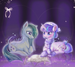 Size: 2100x1900 | Tagged: safe, artist:corpse, imported from derpibooru, marble pie, oc, oc:delia ino, earth pony, pony, unicorn, abstract background, book, canon x oc, clothes, female, friendship, reading, reflection, scarf