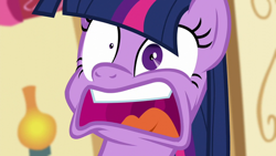 Size: 640x360 | Tagged: safe, imported from derpibooru, screencap, twilight sparkle, alicorn, party pooped, season 5, blurry background, faic, freakout, mismatched eyes, open mouth, panic attack, single shrunken iris, solo, teeth, twilight snapple, twilight sparkle (alicorn), twilight sparkle is best facemaker, twilynanas, uvula