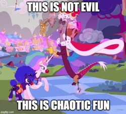 Size: 550x499 | Tagged: safe, edit, edited screencap, imported from derpibooru, screencap, discord, princess celestia, princess luna, draconequus, the cutie re-mark, alternate timeline, caption, chaos, chaotic timeline, clown celestia, clown luna, cropped, discane, discorded landscape, floating island, image macro, imgflip, text