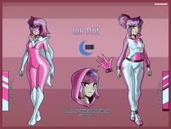 Size: 2500x1875 | Tagged: safe, artist:devillustart, imported from derpibooru, oc, oc:ink dot(fireverse), human, equestria girls, clothes, cosplay, costume, fireheart76's latex suit design, humanized, humanized oc, latex, latex suit, prisoners of the moon, reference sheet, rubber, rubber suit