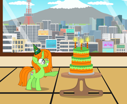 Size: 5918x4853 | Tagged: safe, artist:creedyboy124, imported from derpibooru, oc, oc only, oc:lola, unicorn, birthday, birthday cake, cake, food, hat, japan, party hat, solo, tokyo