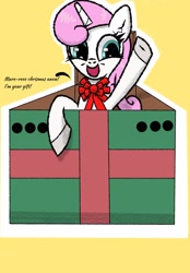 Size: 1781x2561 | Tagged: safe, artist:scandianon, imported from derpibooru, twinkleshine, pony, unicorn, air holes, bowtie, box, female, looking at you, mare, open mouth, open smile, present, smiling, talking to viewer, waving