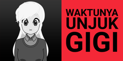 Size: 1200x600 | Tagged: safe, artist:ardoplasma41, imported from derpibooru, applejack, human, equestria girls, black and white, grayscale, humanized, indonesia, indonesian, kisekae, monochrome, parody, red background, roboto, simple background, split screen, text, toothless, two sides